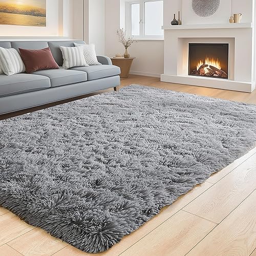Alfombras gruesas ultrasuaves para dormitorio, sala de estar, alfombra peluda mullida de 6 x 9 pies, alfombras grises de lujo para decoración del