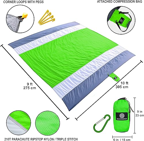 Miniatura 2 de ECCOSOPHY Manta de playa a prueba de arena, tapete de playa de gran tamaño sin arena, 9 x 10 pies, tapete ligero para exteriores, doble anclaje con