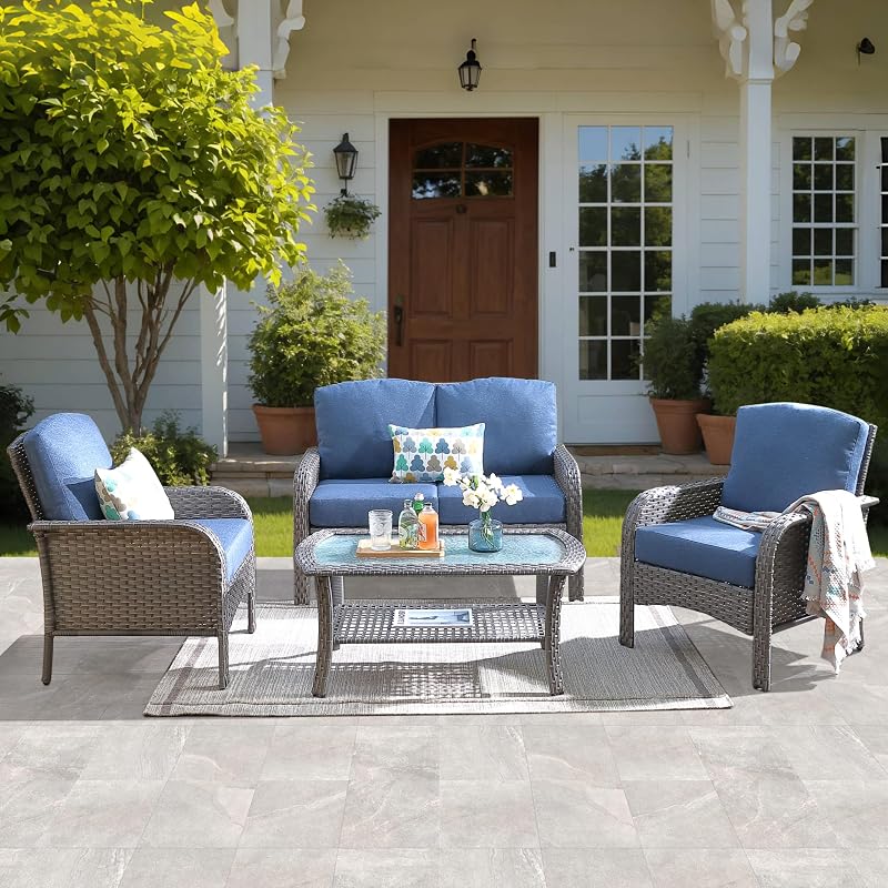 ovios Juego de muebles de patio de 4 piezas, sofá de mimbre para exteriores con sillas, mesa de centro, sofá de ratán con respaldo alto y cómodos cojines para terraza de porche, azul vaquero