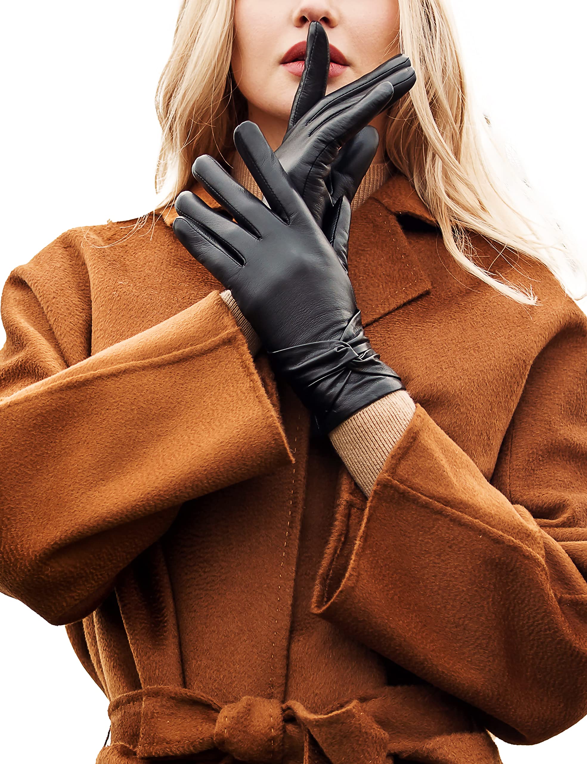 Women's Touchscreen Lambskin Dress Leather Gloves with Knot