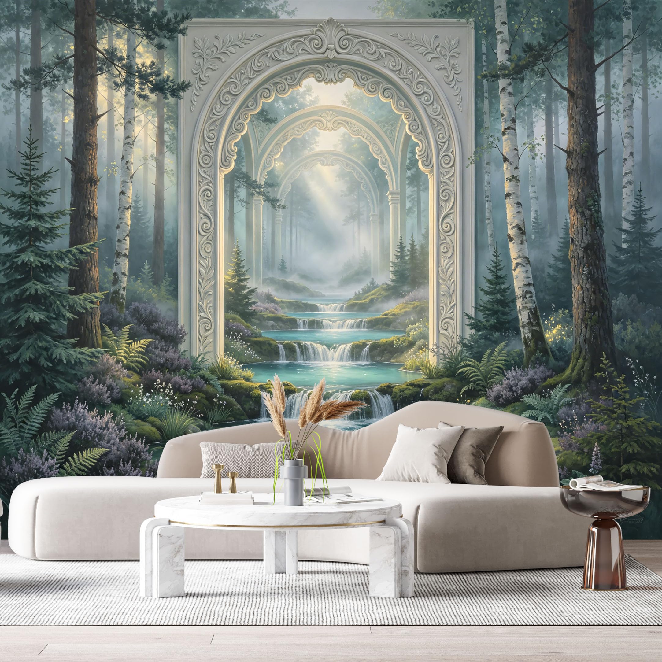 Custom Size Wall Murals Fantasy Forest Portal Waterfalls Ethereal Glow 3D Trompe L'Oeil SelfAdhesiveWall Fabric Removable Wallpaper Wall Decor for Living Room Bedroom Bathroom