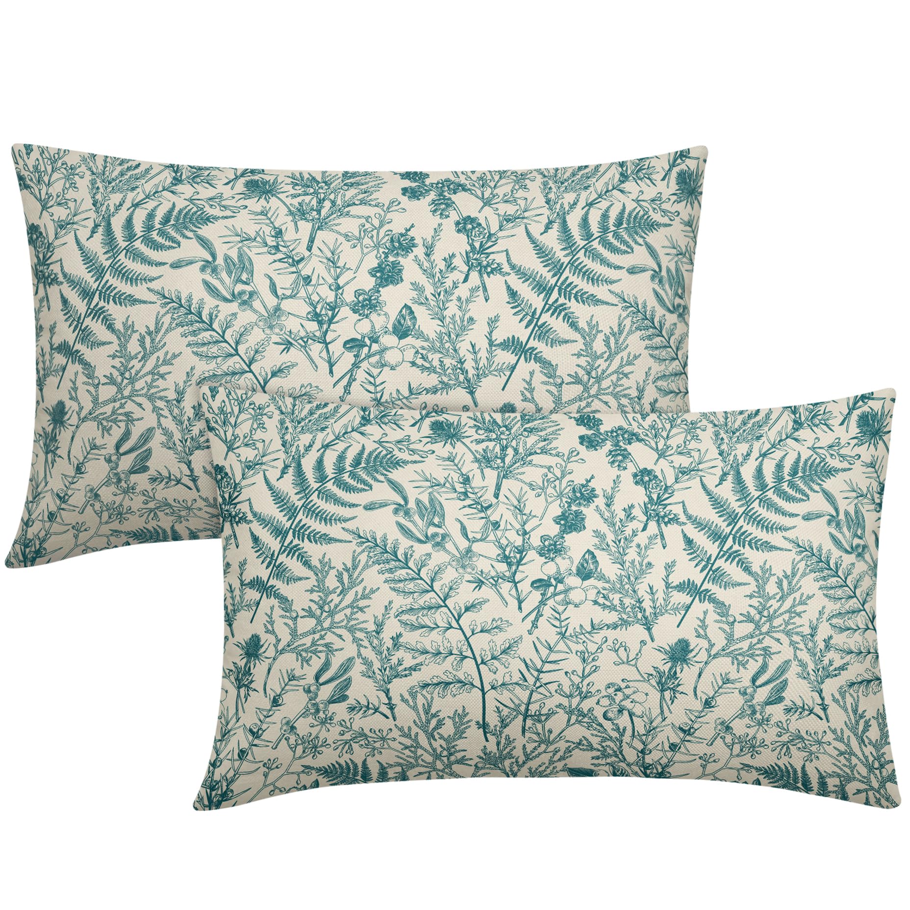 sorfbliss Teal Floral Pillow Covers 12x20 Set of 2 Botanical Print Vintage Spring Flower Plant Cream Rectangle Decorative Lumbar Throw Pillow Cases Outdoor Farmhouse Decor for Sofa Couch Bed