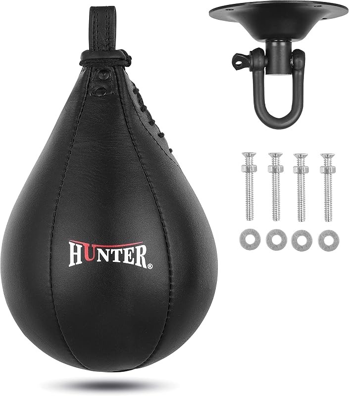 Hunter Leather Speed Bag for Boxing, Premium Cowhide Punching Speed Bag with Swivel, Lightweight Bladder for Fast Rebounds & Reflex Training