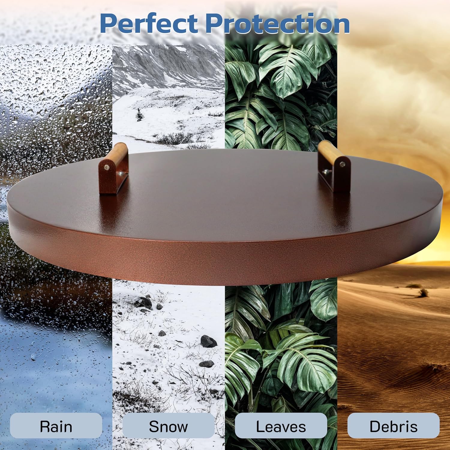 25.5” firepit lid round for inside up to 23” gas fire pit lid for Outdoor Fireplace Cover Lid Steel fire pit metal cover W/ Wooden Handle & Bronze Coated Snuffer Lid for Round Patio Fire Pit Ring