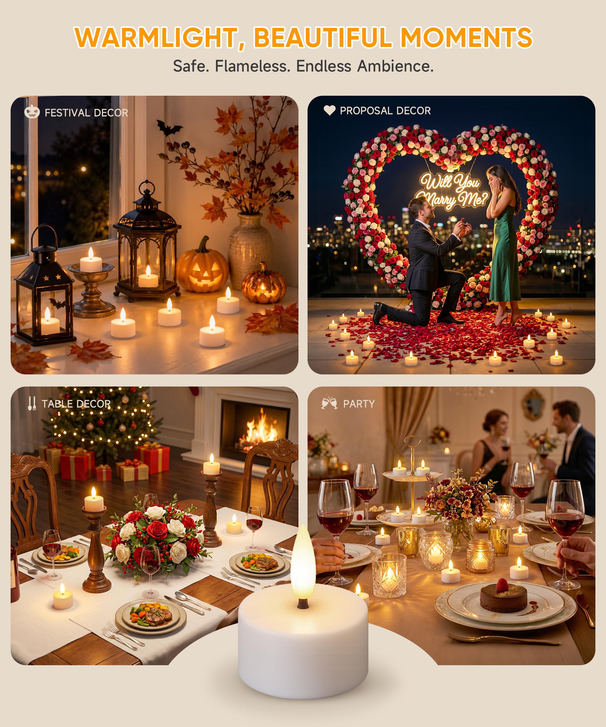 Velas de Té LED Recargables más de 50~110 Horas 12 Pz | Velas Decorativas Efecto Llama con Base de Carga, Decoracion Cumpleaños - Velas Sin Llama para Fiesta Hogar Salone Halloween