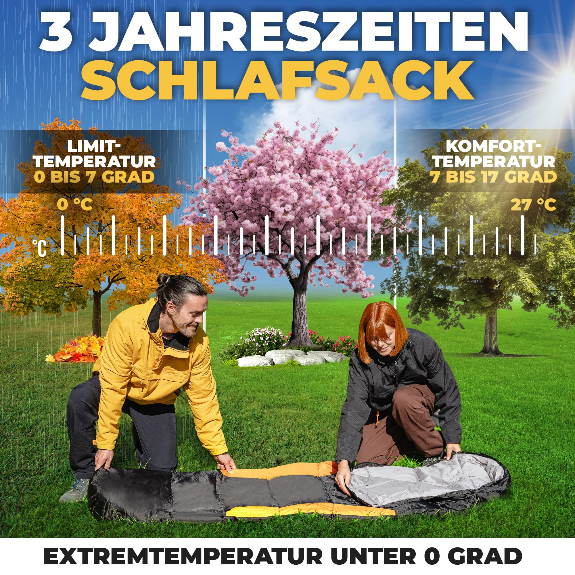 Schlafsack Winter - 3 Jahreszeiten & Sommer, Wasserabweisend & Atmungsaktiv, Nie mehr kalte Füße Dank Taschenwärmer-Tasche, Schlafsack - Hüttenschlafsack, Camping, Sleeping Bag