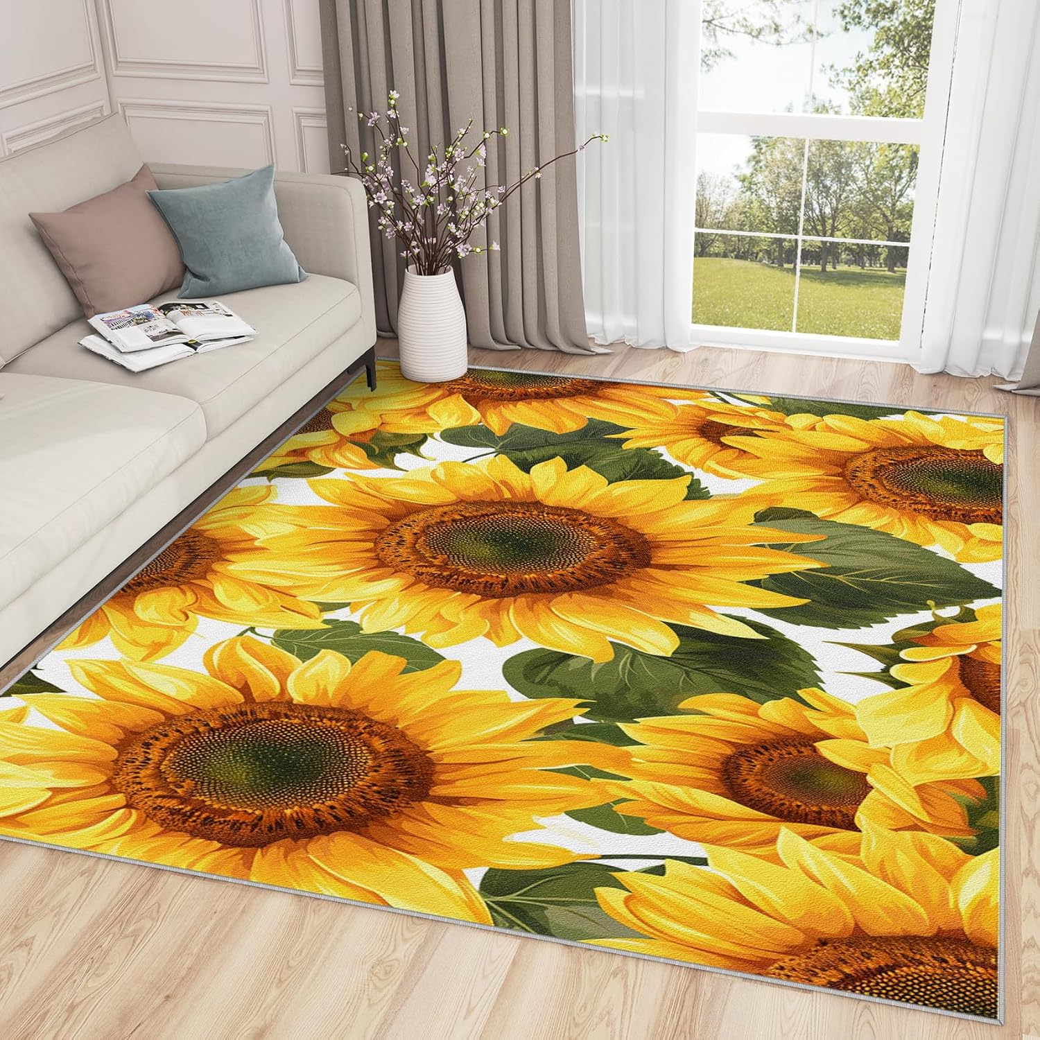 Sunflower Rugs for Dining Room - 2x3 Rug - Floral Rug - Sunflower Botanical Area Rug - Yellow Flower Rugs - Farmhouse Carpet - Floral Home Decor Gifts