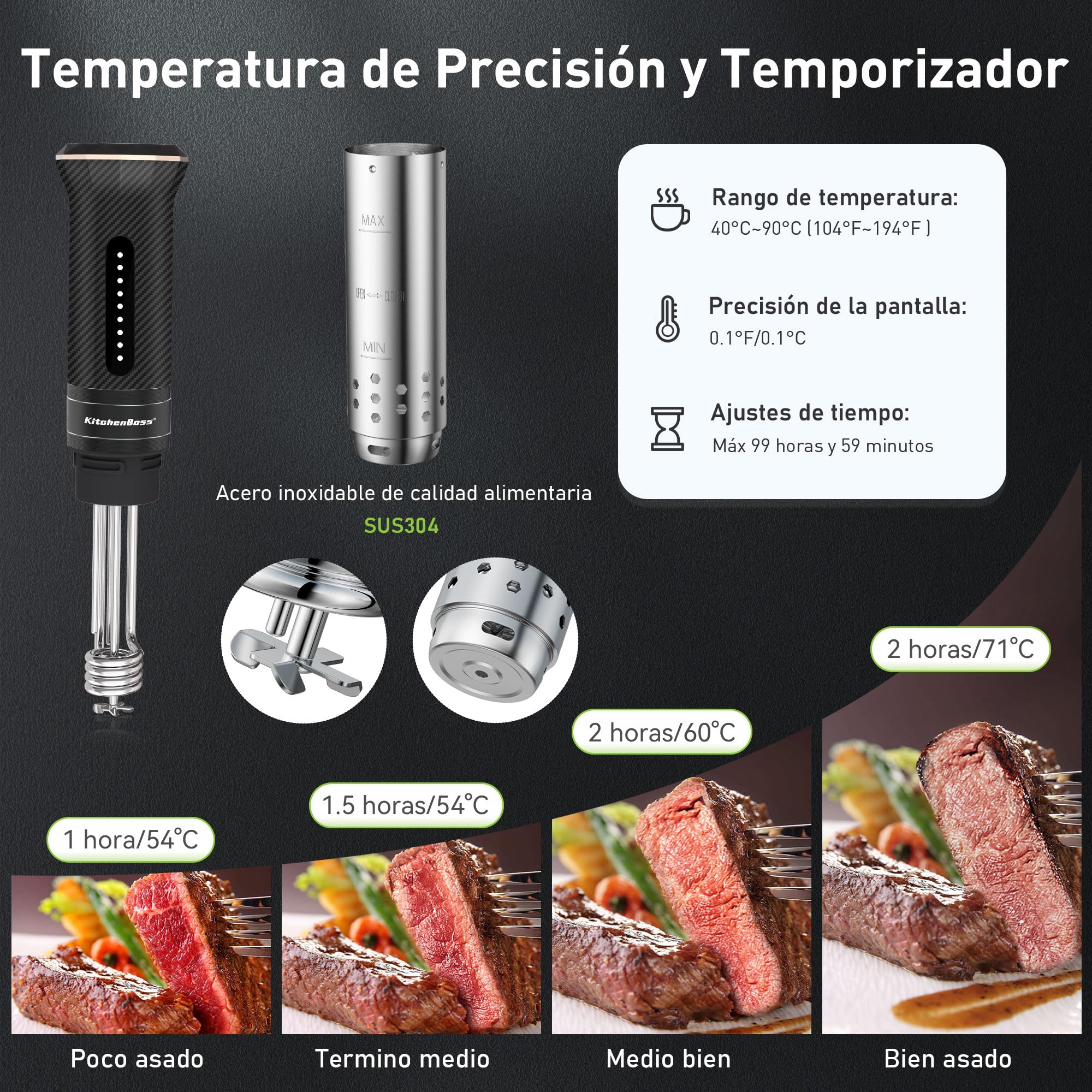 KitchenBoss Sous Vide Roner WiFi：Cocina Baja Temperatura Inmersión a Prueba de Agua IPX7 Circuladores Control de APP y Temperatura de Precisión, LED Display, Silencioso, 1100W 40℃-90℃