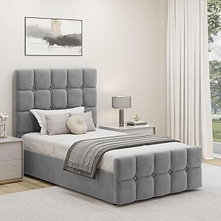 Blisswood Upholstered Ottoman Bed, 3ft Single Bed Frame UKFR Velvet Light Grey Ottoman Storage Bed With Gas Lift End Opening Wooden Slats With Storage Bed (3ft Single, No Mattress)