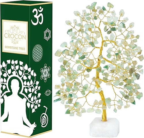 Crocon Árbol de piedras preciosas de jade verde con base de cuarzo natural, árbol de la vida curativo de chakras, Feng Shui, bonsái de dinero, hecho