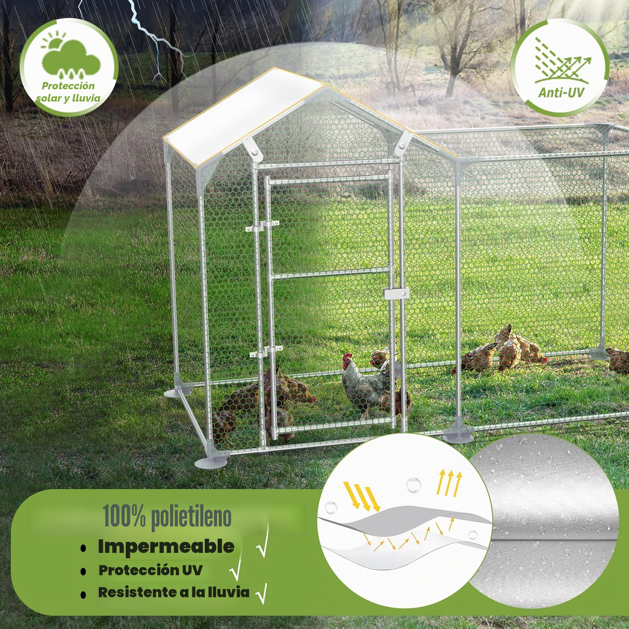 NAIZY - Parque para gallinas con cerradura, gallinero de 4 m x 1 m - Estructura de acero galvanizado con techo protector solar de PE - Pequeño gallinero para gallinas, jaula para pájaros