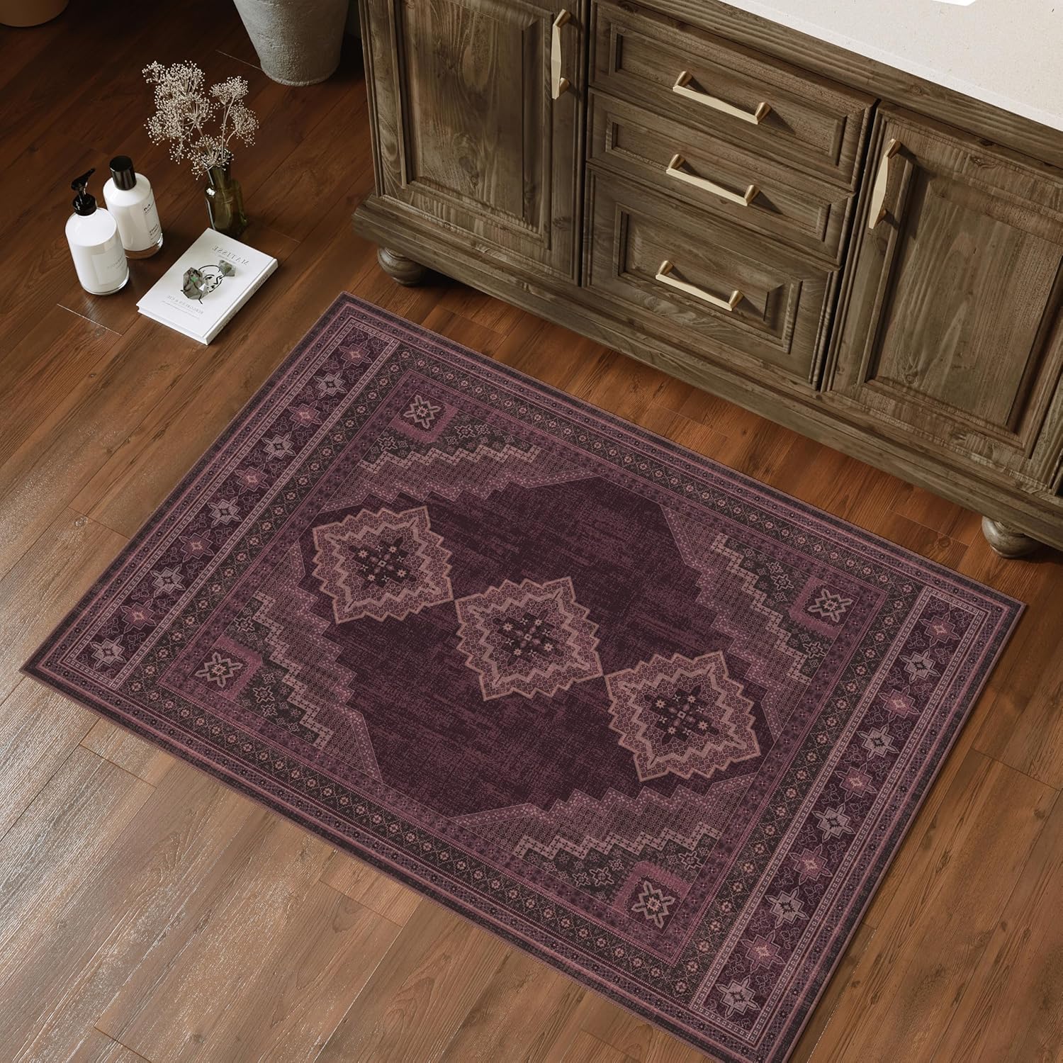 2x3 Area Rug - Washable Ultra-Thin Kitchen Rug Vintage Indoor Doormat with Non-Slip Backing - Soft Rug for Entryway, Bedroom, Kitchen, Bathroom Red Burgundy