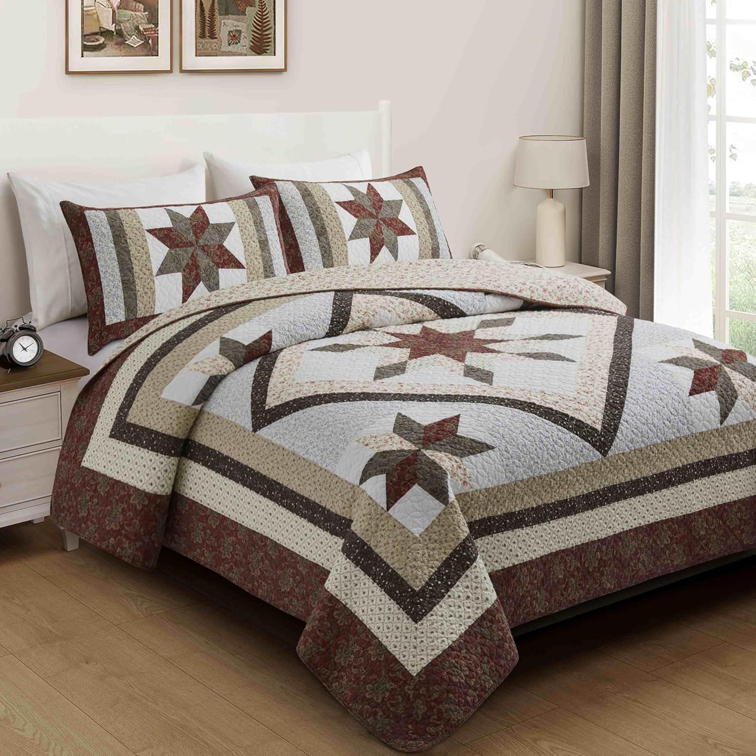 California King Quilt red Boho Vintage Patchwork for King Size Bed - 100% Cotton Farmhouse Quilt(118x102Inch) with Star and Flower Pattern Bedding Sets | cotton - Image 2