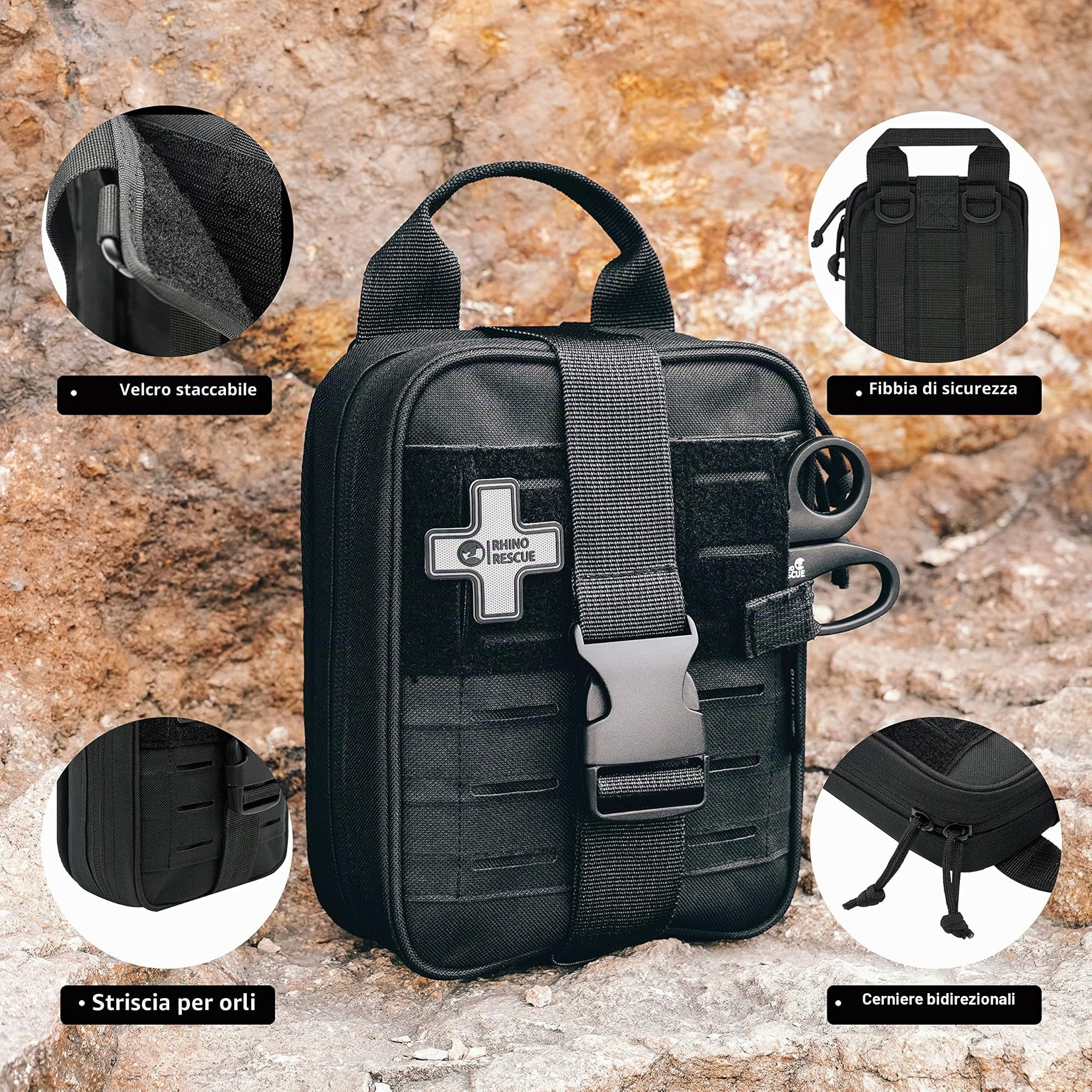 RHINO RESCUE Piccolo kit di pronto soccorso con strumento di sopravvivenza, borsa di emergenza per auto, campeggio, zaino da viaggio, escursionismo, caccia