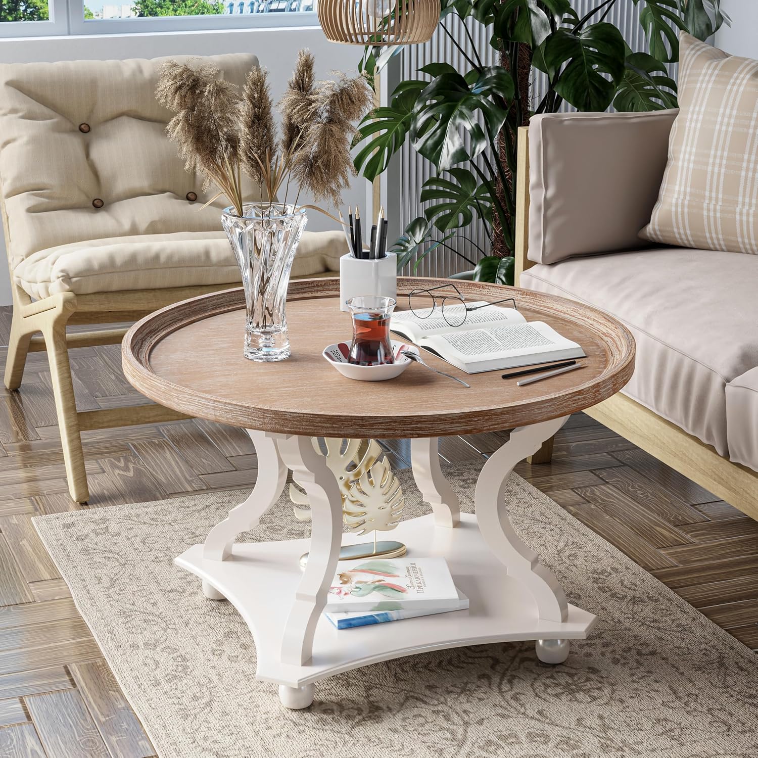 LONYKE Round Farmhouse Coffee Table with Handmade Finish, Wood Tray Top Rustic Coffee Table for Added Thickness, Accent Table with Storage for Living Room, Small Place, White, Circle