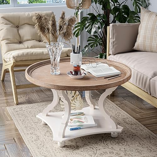 LONYKE Mesa auxiliar redonda de granja con acabado hecho a mano, bandeja de madera con parte superior rústica para mayor grosor, mesa auxiliar con