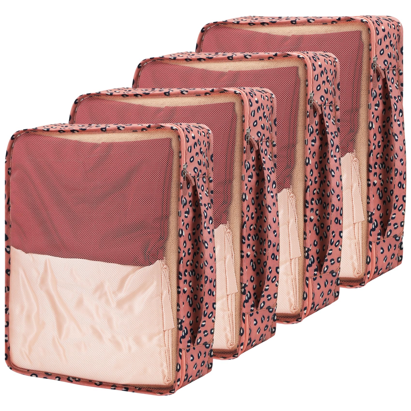Nagoyuki Leopard Print 4 Pcs Large Packing Cubes,40X30x12cm Same Size Suitcase Organiser Bags Compressible Expandable Packing Cubes For Suitcase, Luggage,Handy Helper (Leopard Print)