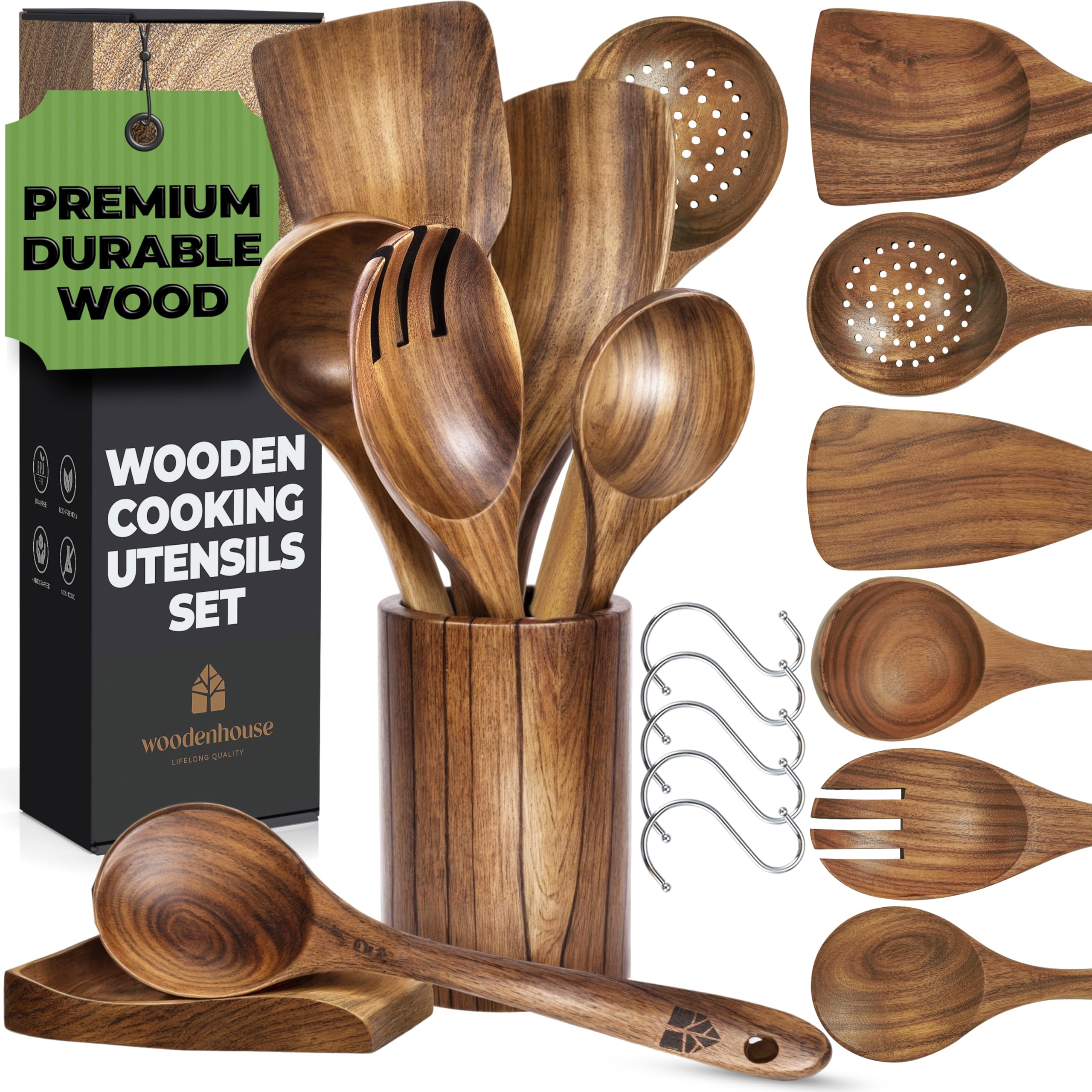 Wooden Cooking Utensils, Kitchen Utensils Set with Holder & Spoon Rest, Teak Wood Spoons and Wooden Spatula for Cooking, Nonstick Natural and Healthy Kitchen Cookware, Durable Set of 13 pieces