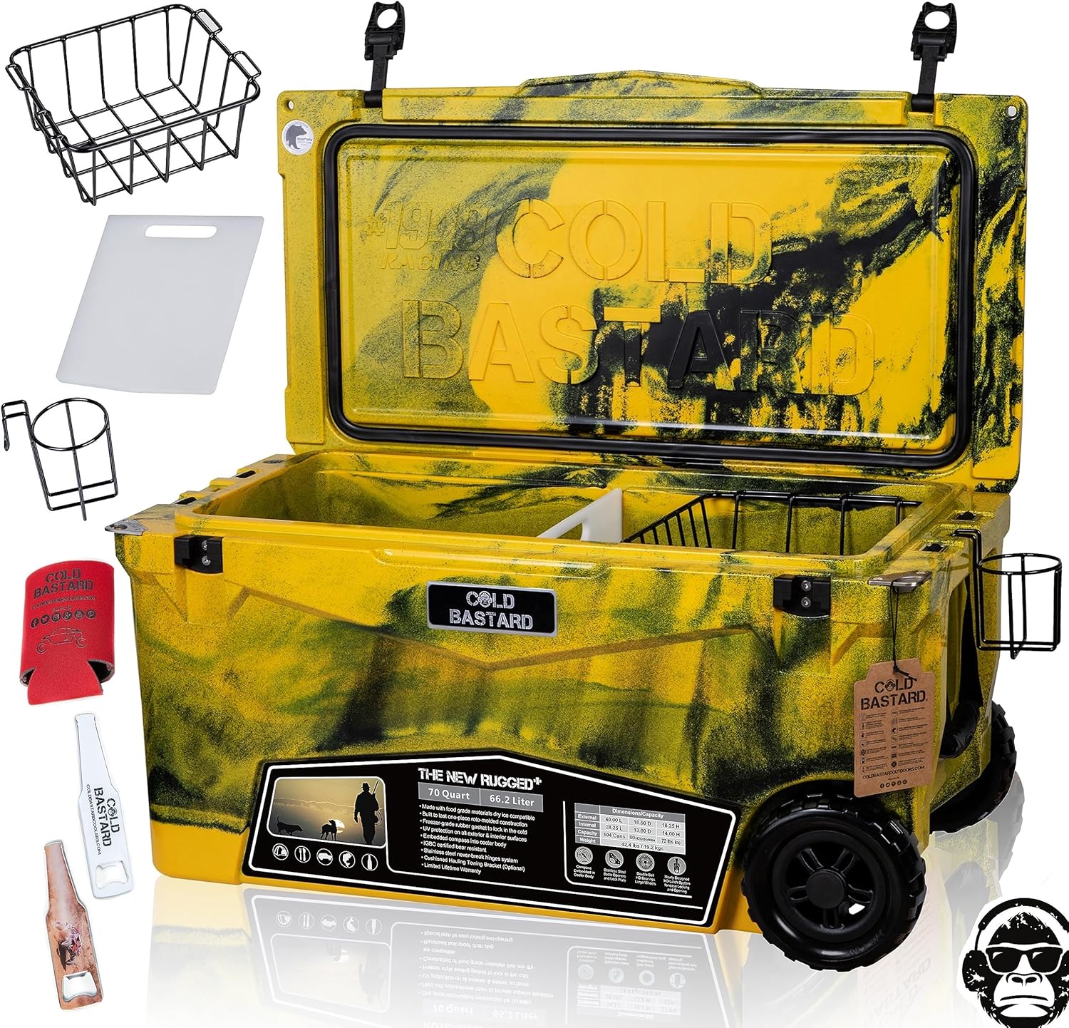 COLD BASTARD COOLERS 70QTW Rugged+ CAMO Yellow Large Wheels Premium Ice Chest Cooler Accessories Free S&H (CB70W-CY)