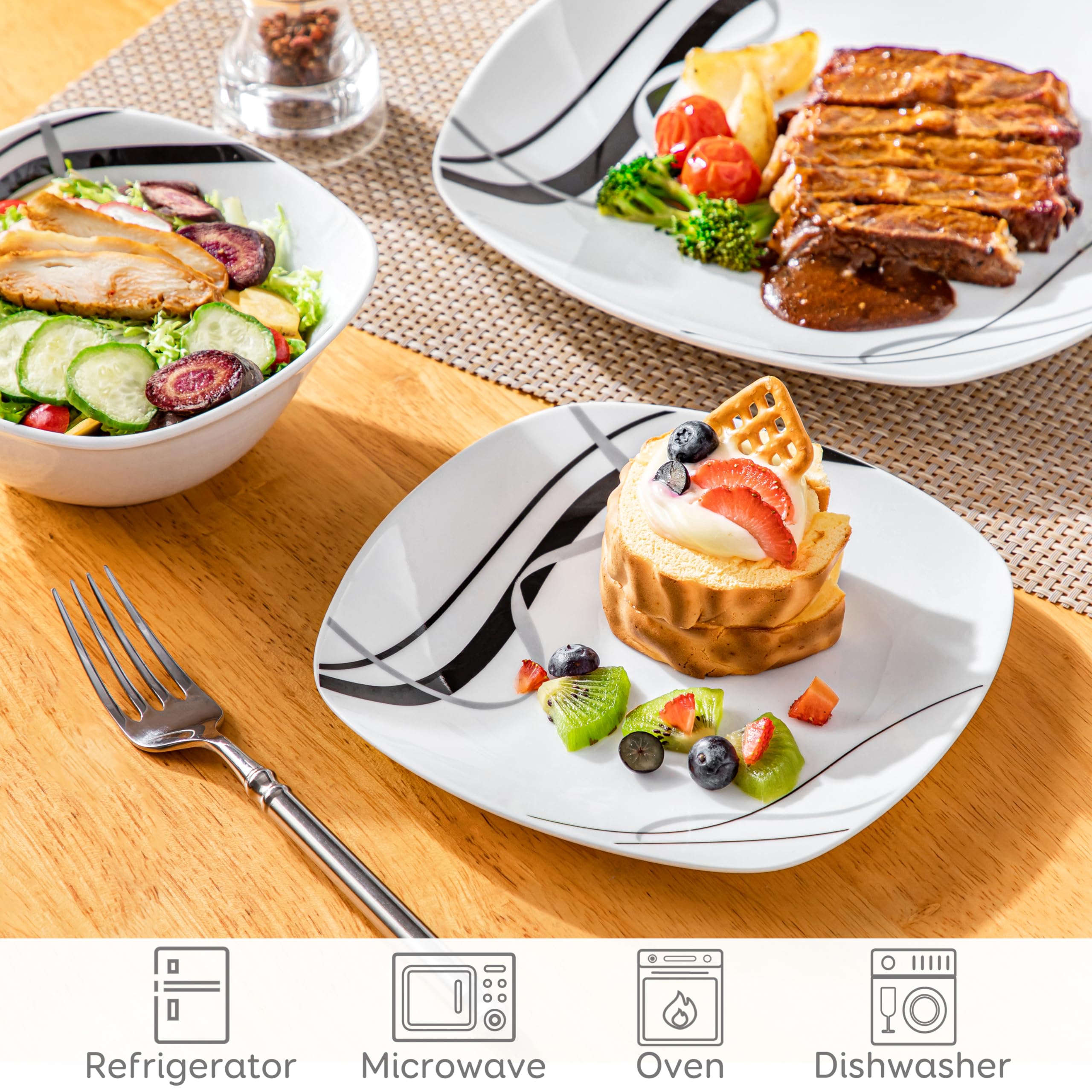 VEWEET Juego de platos y cuencos, vajilla de porcelana para 4, juego de 12 platos que incluye platos llanos, platos de postre y cuencos de cereales, serie Fiona
