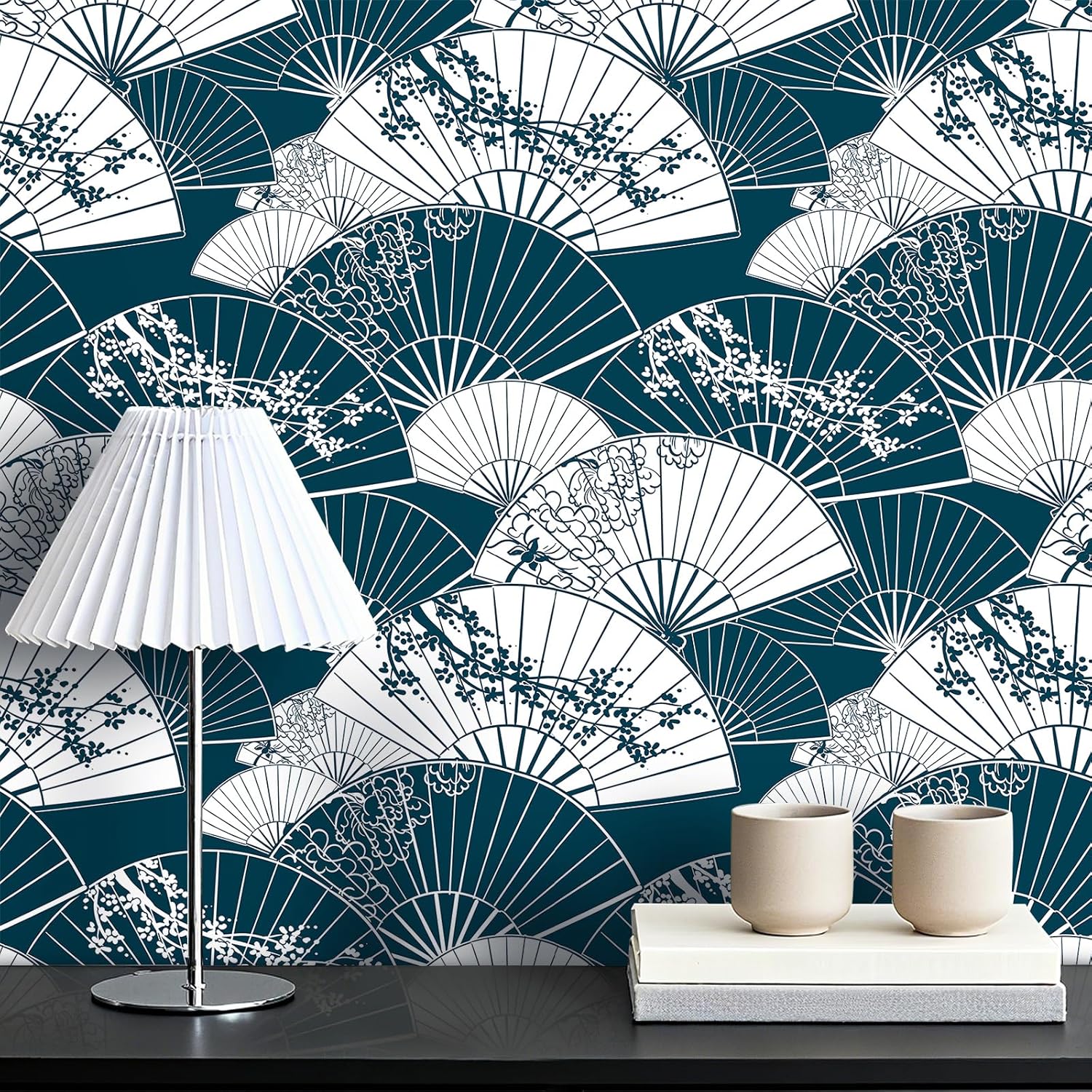 LACHEERY 17.5"x275" Dark Blue and White Peel and Stick Wallpaper Art Deco Fan Wallpaper Peel and Stick Contact Paper Blue Wall Paper for Bathroom Kitchen Bedroom Walls Cabinets Waterproof Navy Roll