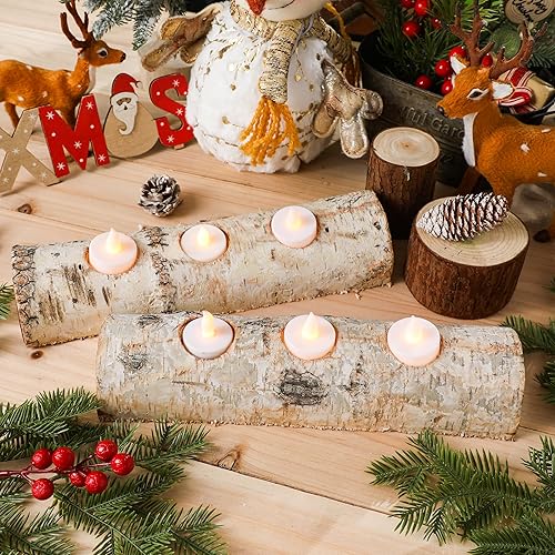 Miniatura 3 de Roowest 3 Piezas Soporte de Vela de Té de Navidad en Madera de Abedul Decorativo, Tronco de Chimenea de Madera de Abedul para Decoración de Mantel,