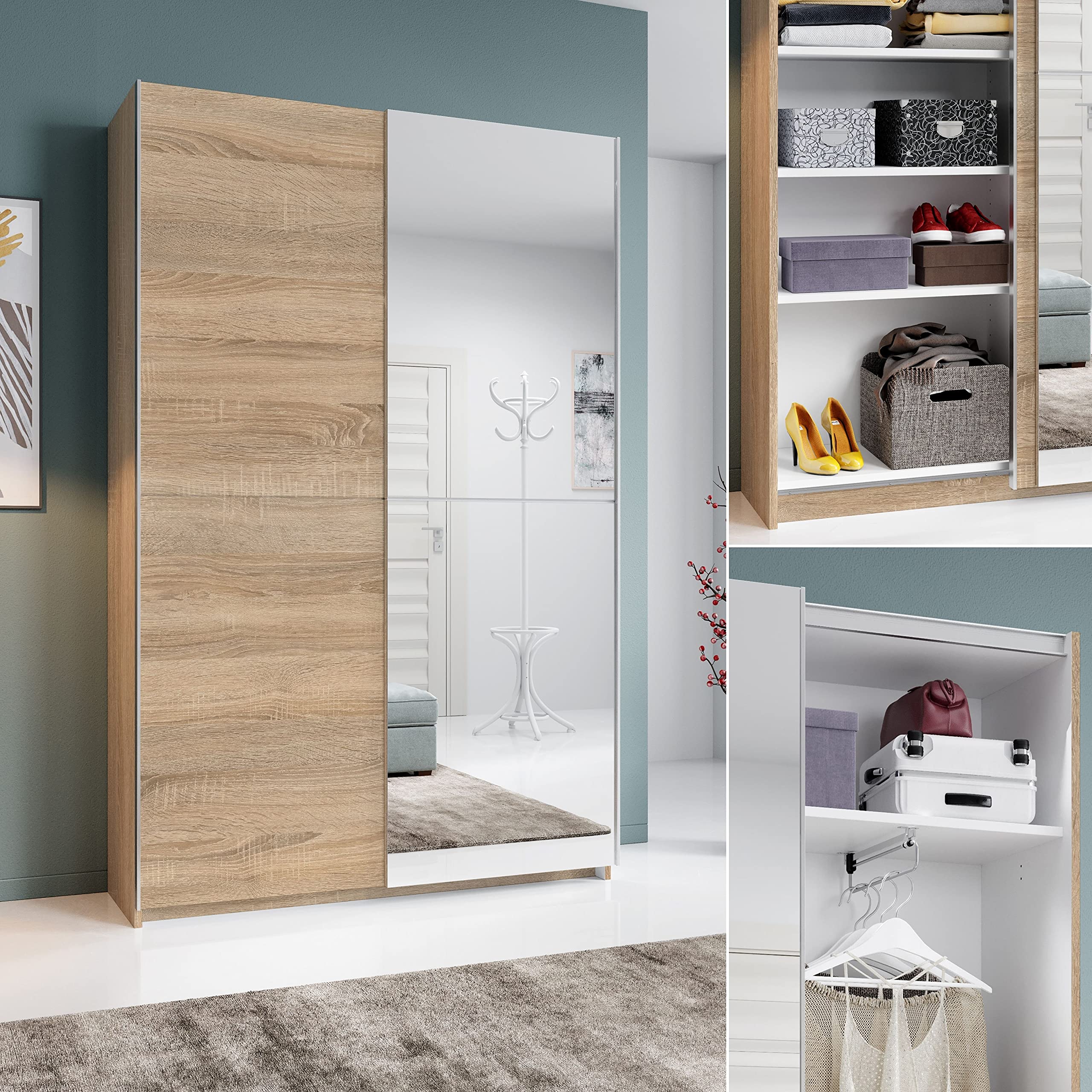 Armoire Coulissante ALADIN 125x195x38 Cm - Chêne Sonoma/Blanc, Rangement Maxi