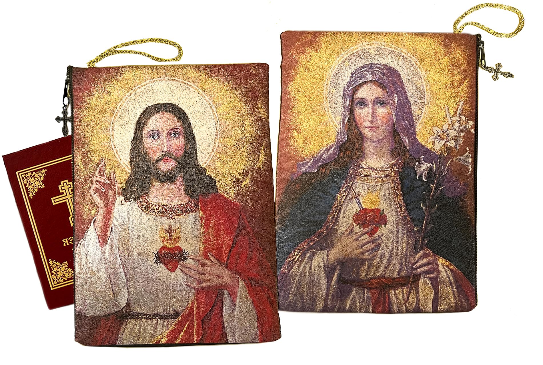 Needzo Sacred Hearts of Jesus and Mary Book Bible Tapestry Pouch Case Purse Catholic Icons, 2 Sided Large Pouch 11 Inch Wide