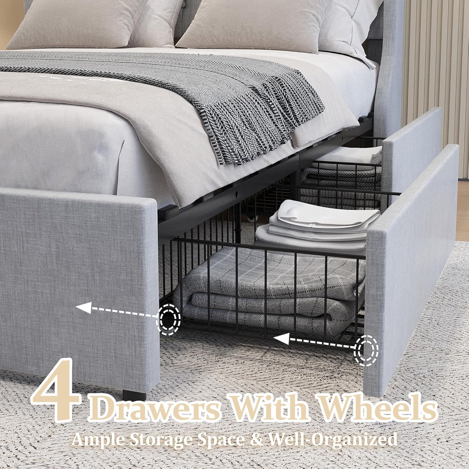 Queen Size Bed Frame with Headboard, Upholstered Bed Frame with 4 Storage Drawers, Platform Bed Frame with Drawers Underneath, Wingback Headboard No Box Spring Needed，Light Grey