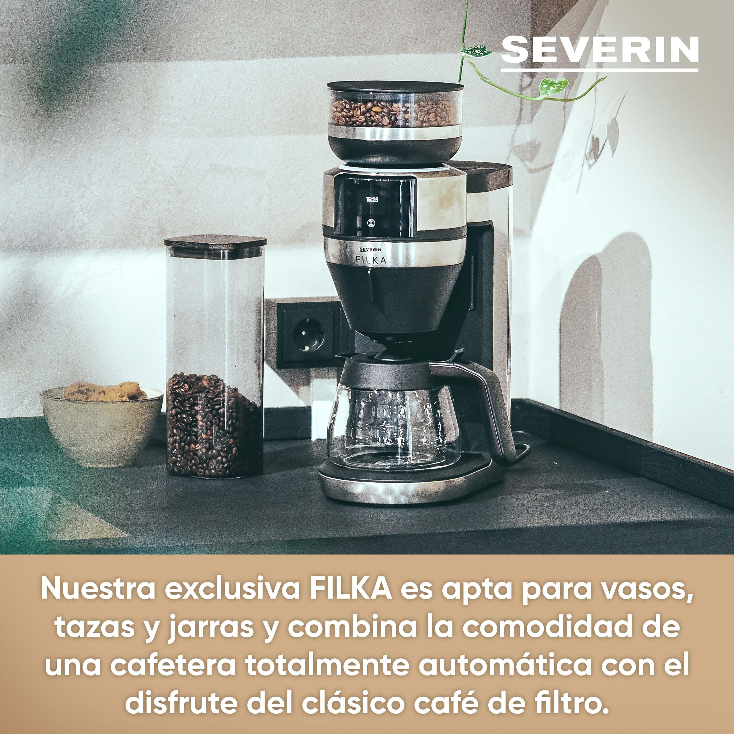 Severin - Cafetera de filtro con molinillo totalmente automática con jarra de cristal 2 L. FILKA KA Acero Inox/Negro 1.520 W KA 4852