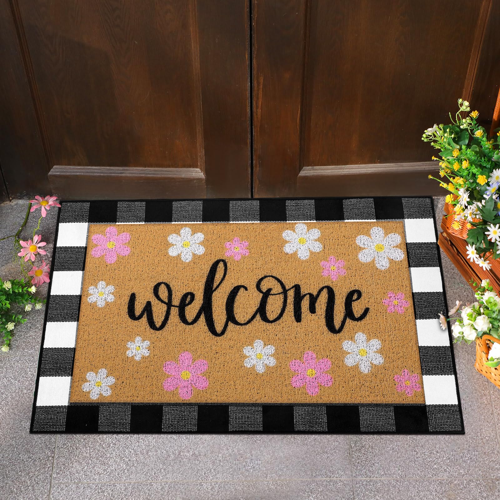 Tinideya 2 Pcs Spring Welcome Door Mat Outdoor Pink Flower Doormats for Front Door Non Slip Floral Layered Coir Mat Black White Check Spring Rug for