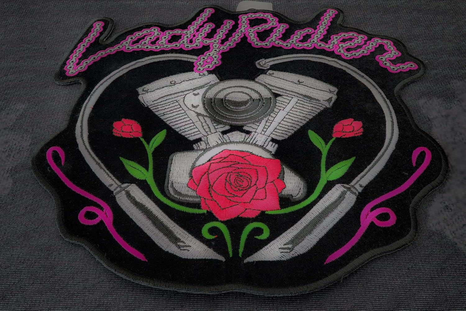 Lady Rider Rose Motorcycle Engine Patch, Large Biker Back Patches for Leather Vests (PL6026)