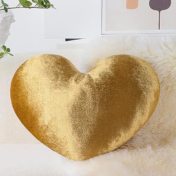 AELS Heart Shaped Pillow, 17.7 Inches Heart Decorative Throw Pillows, Velvet Love Cute Pillows, Valentines Day Decorations, Wedding Decor, Living Room Bedroom Nursery Decor, Golden