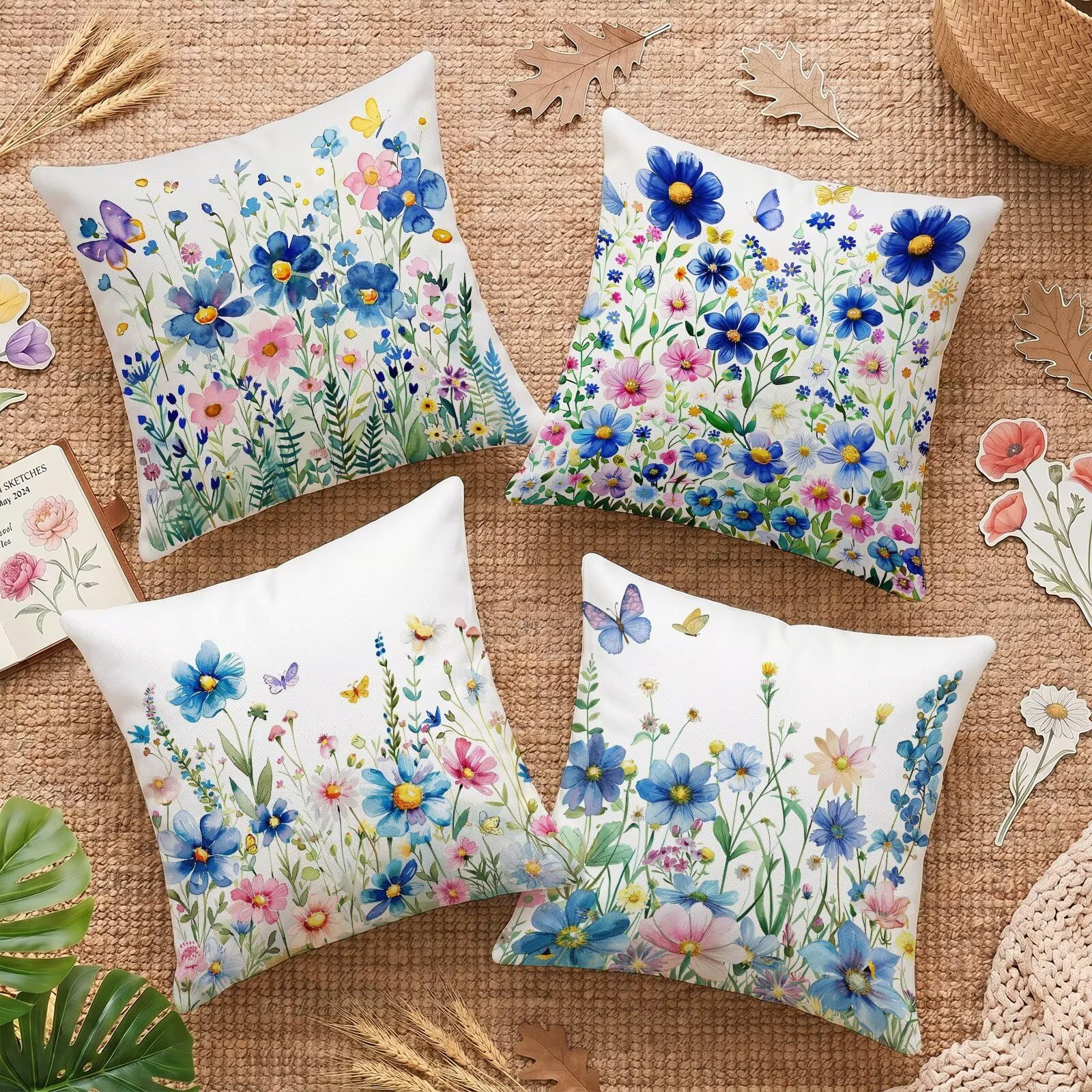 Housse de coussin 40x40 lot de 4 en lin fleuri pour décorer votre salon de jardin