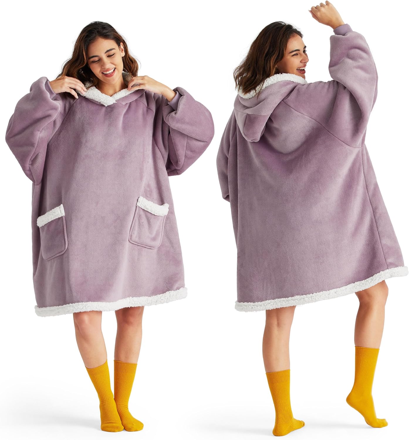 Bedsure Wearable Blanket Hoodie for Adult & Kids - Sherpa Blanket Hoodie as Gifts for Mom Women, Cozy Sweatshirt Blanket, Lavender, Standard Lavender Standard