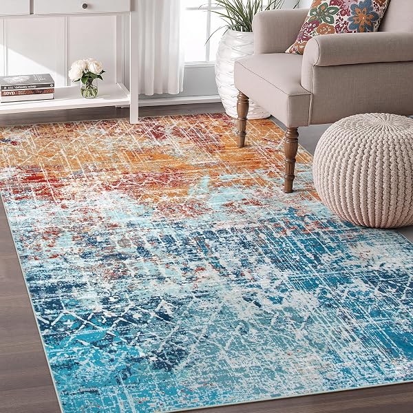 Zealude Machine Washable Modern Abstract Geometric Tribal Living Room Bedroom Dining Room Rug Pink/Blue/Multi;Gold/Blue/