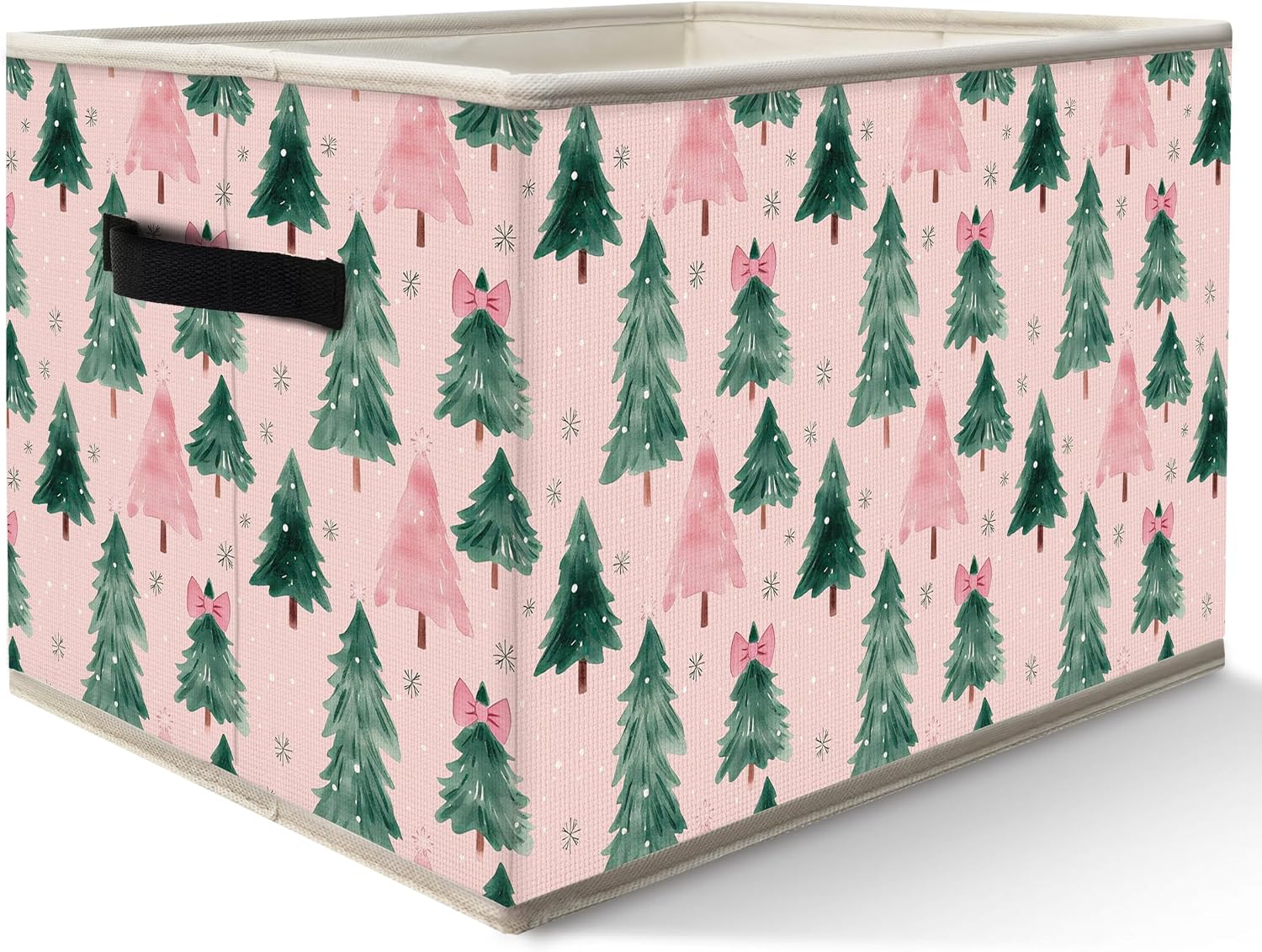 Pink and Green Christmas Tree Storage Bins Box with Handles, Preppy Pink Bow Winter Snowflakes Holiday Collapsible Fabric Storage Basket Box Organizer for Bedroom Bathroom Clothes Toys Books