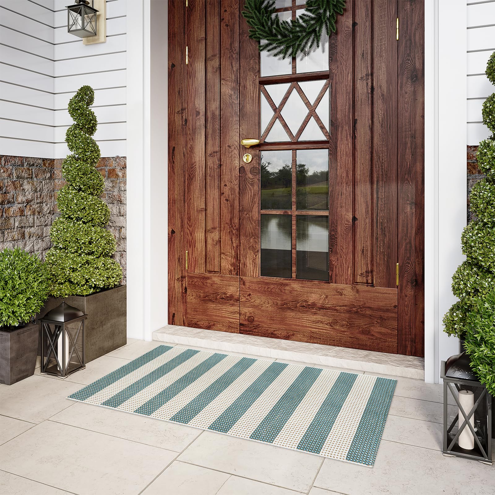 LEEVAN Outdoor Porch Rug 24"x51", Washable Front Door Mat, Spring Plaid Welcome Mat Outside Entrance, Dark Blue Striped Outdoor Entryway Rug,