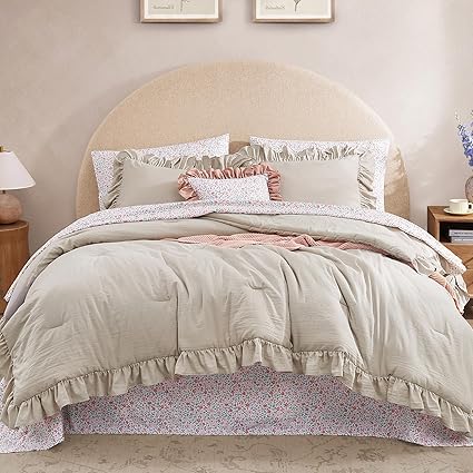Full Comforter Set - 7 Pieces Ruffle Beige Bedding Sets, Shabby Chic Farmhouse Bed in a Bag Full with Ruffle Comforter, Floral Sheets, Pillowcases & Shams