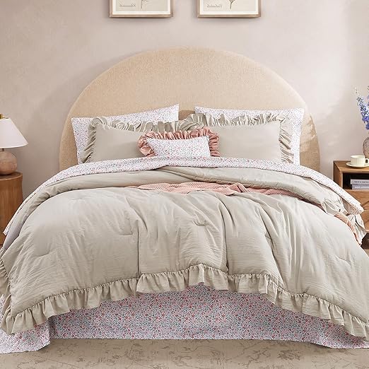 Full Comforter Set - 7 Pieces Ruffle Beige Bedding Sets, Shabby Chic Farmhouse Bed in a Bag Full with Ruffle Comforter, Floral Sheets, Pillowcases & Shams