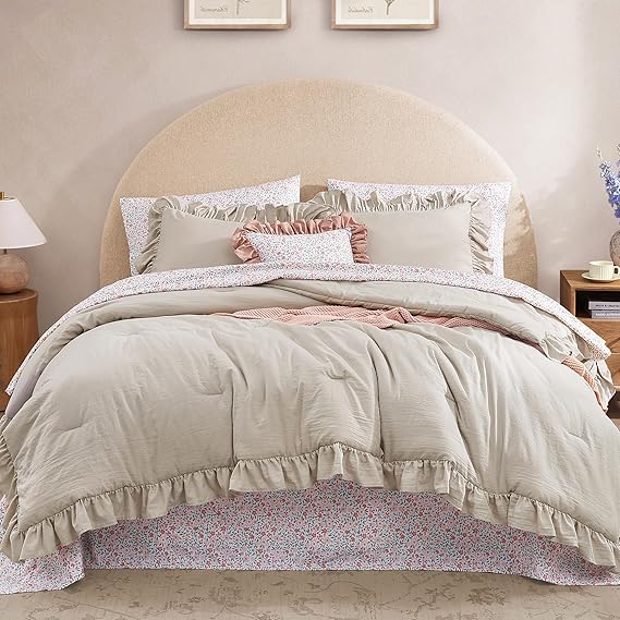 Full Comforter Set - 7 Pieces Ruffle Beige Bedding Sets, Shabby Chic Farmhouse Bed in a Bag Full with Ruffle Comforter, Floral Sheets, Pillowcases & Shams