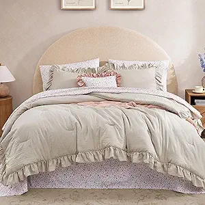 Queen Comforter Set - 7 Pieces Ruffle Beige Bedding Sets, Shabby Chic Farmhouse Bed in a Bag Queen with Ruffle Comforter, Floral Sheets, Pillowcases & Shams