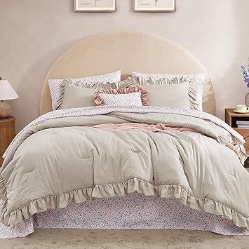 Full Comforter Set - 7 Pieces Ruffle Beige Bedding Sets, Shabby Chic Farmhouse Bed in a Bag Full with Ruffle Comforter, Floral Sheets, Pillowcases & Shams