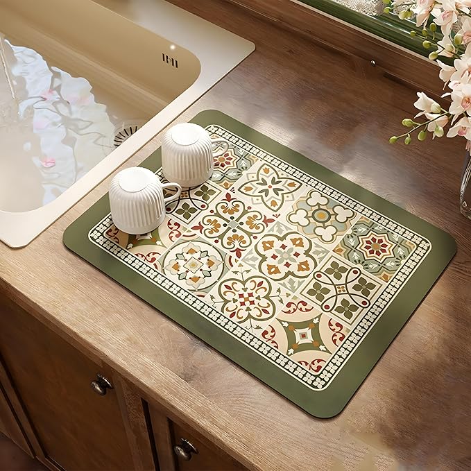 Coffee Mat, Boho Style Dish Drying Mat, Fast Water Absorption, Hide Stains, Easy to Clean, Fit Coffee Bar Accessories, Bar Mats for Countertop (12"x19", Green)