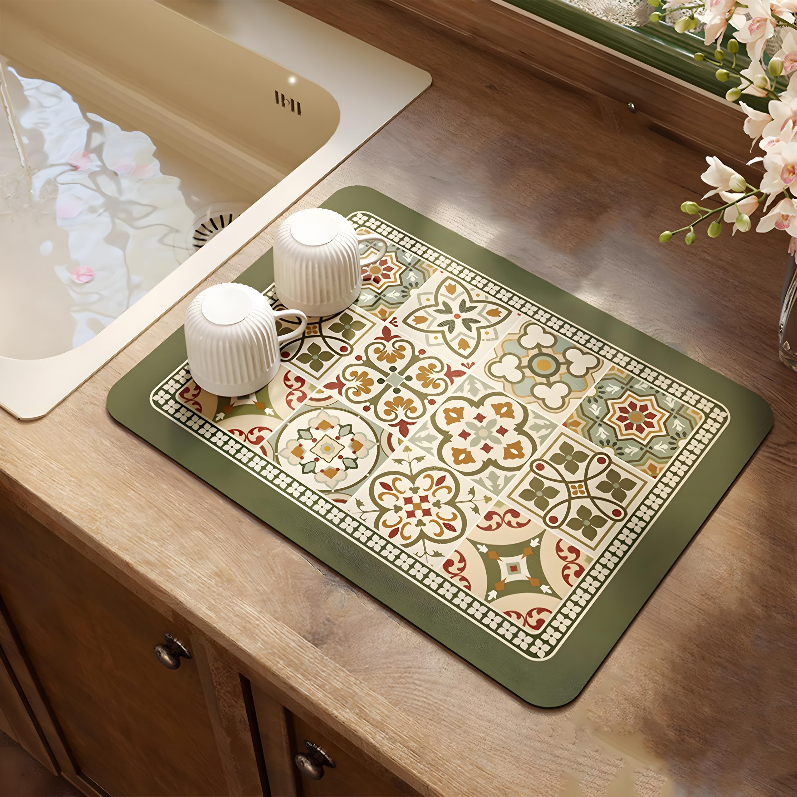 Lilithmanor Coffee Mat, Boho Style Dish Drying Mat, Fast Water Absorption, Hide Stains, Easy to Clean, Fit Coffee Bar Accessories, Bar Mats for