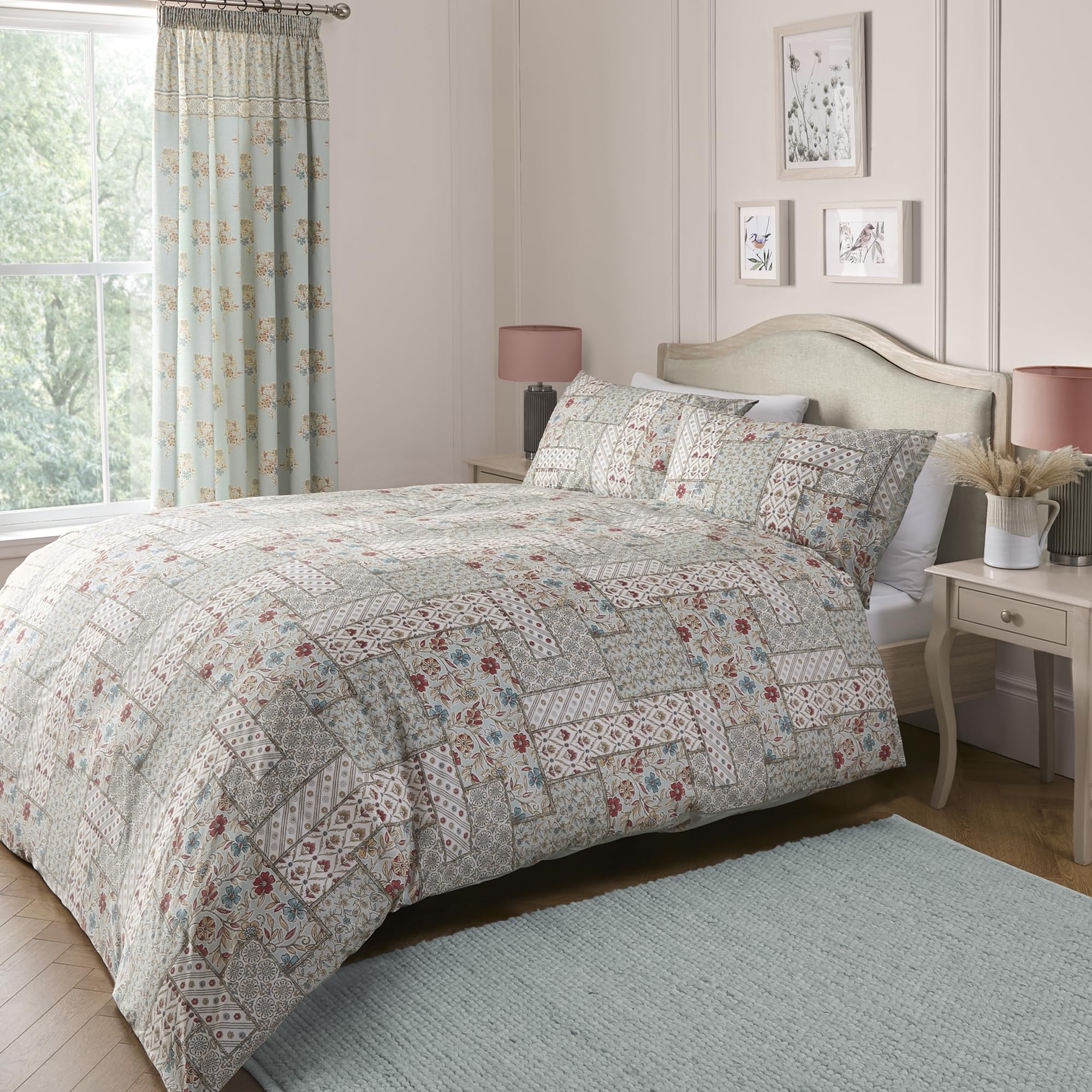 Dreams & Drapes Duck Egg - Damask Patchwork Duvet Cover - Super King Bedding (260 X 220Cm) - Reversible Design - 2X Pillowcases Included - Vintage Bohemian Floral Bedding In 220Cm