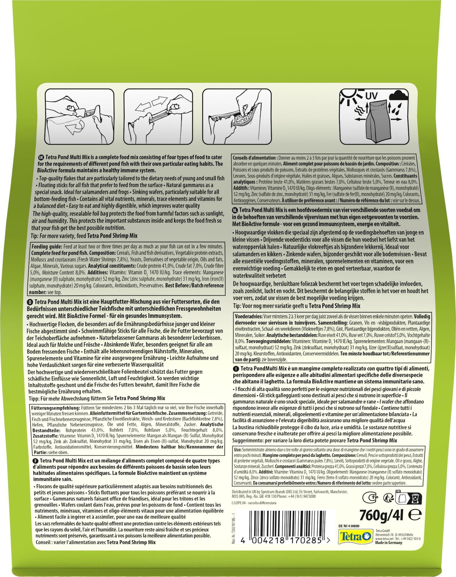 Tetra Pond Multi Mix 4 L Mangime per Pesci, Composto da 4 Diversi Tipi di Cibo (Cibo in Scaglie, Bastoncini, Gammarus, Wafer)