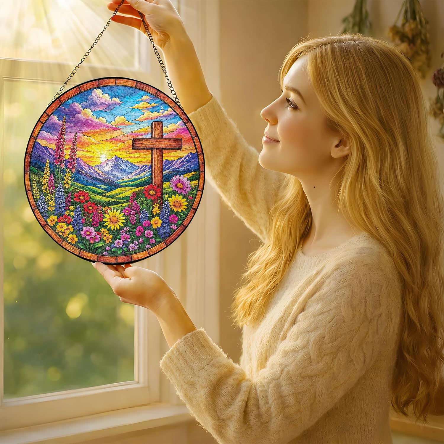 Cross Suncatcher – Stained Glass Window Hanging Sun Catcher
