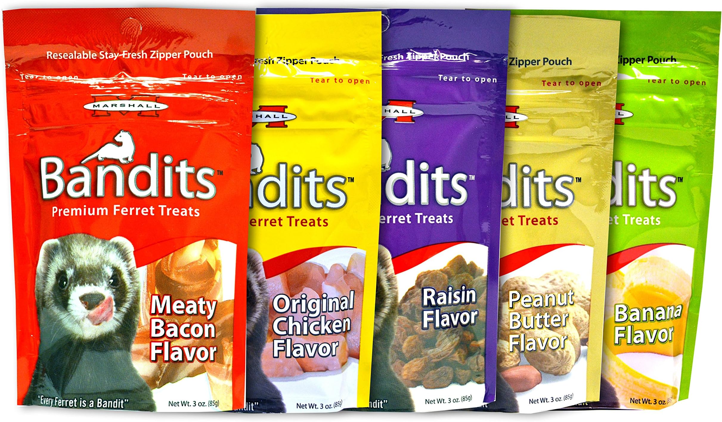 Marshall Bandits Premium Ferret Treats Variety Pack - 5 Flavors (Chicken, Raisin, Peanut Butter, Banana, and Meaty Bacon) - 3 Ounces Each (5 Total Pouches)