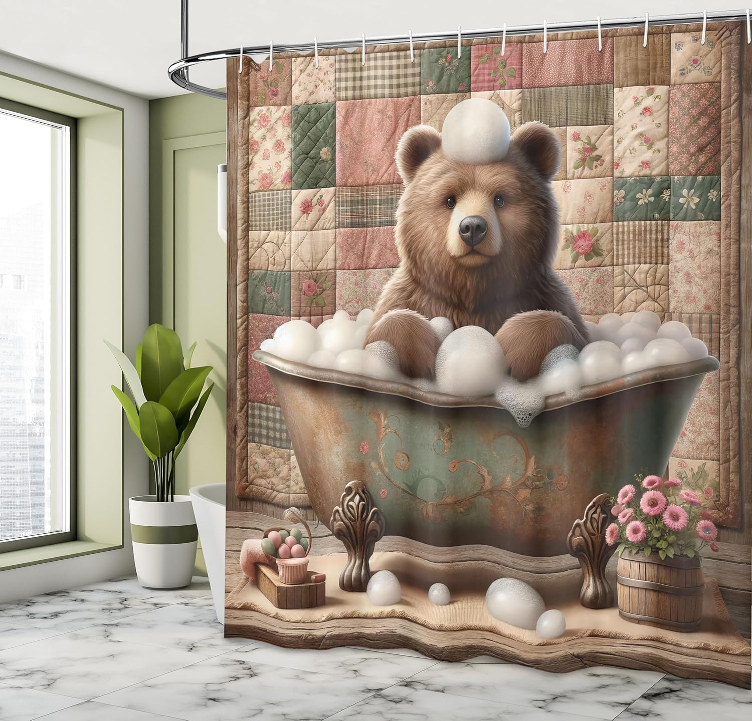 Ambesonne Rustic Shower Curtain, Funny Grizzly Bear Weathered Bathtub Bubbles Farmhouse Flowers Patchwork, Cloth Fabric Bathroom Decor Set with Hooks, 69" W x 84" L, Chocolate Rose Green